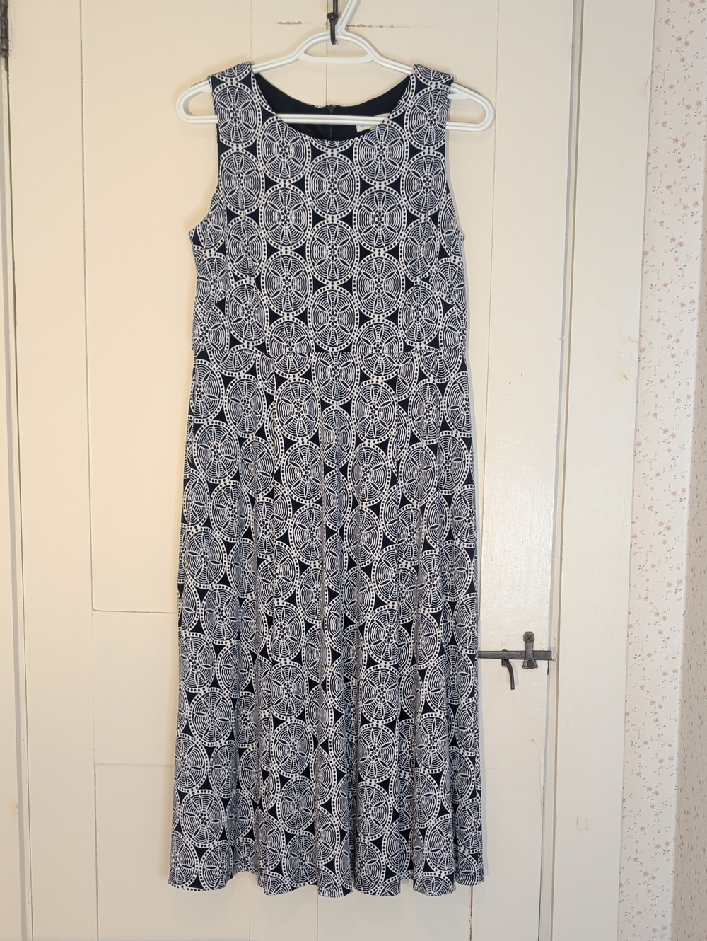 Coldwater Creek Dress Sleeveless Navy White Aztec Maxi Petite Small Wedding Work